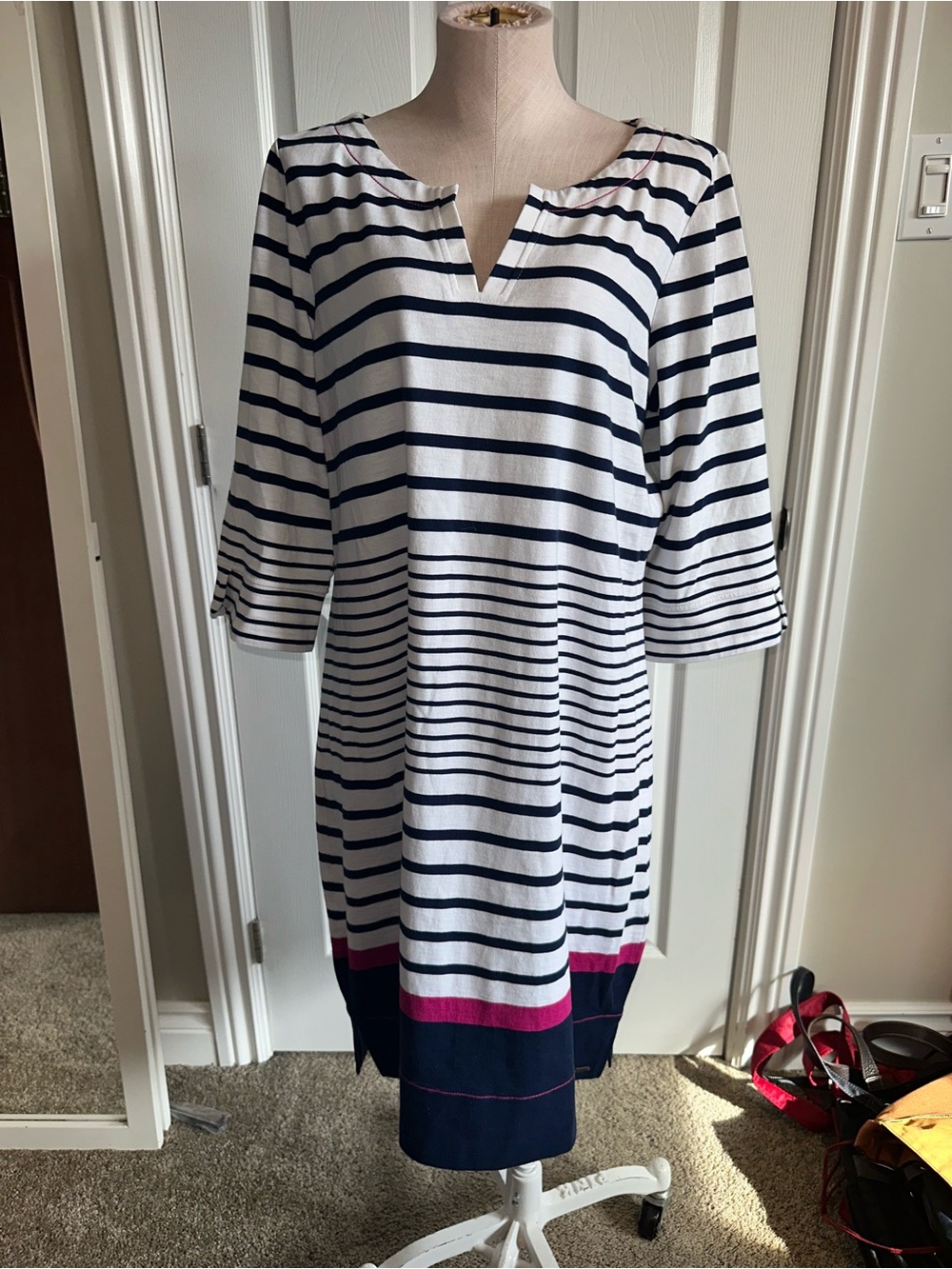 Hatley Striped Navy and White Shift Dress with Pink Accent